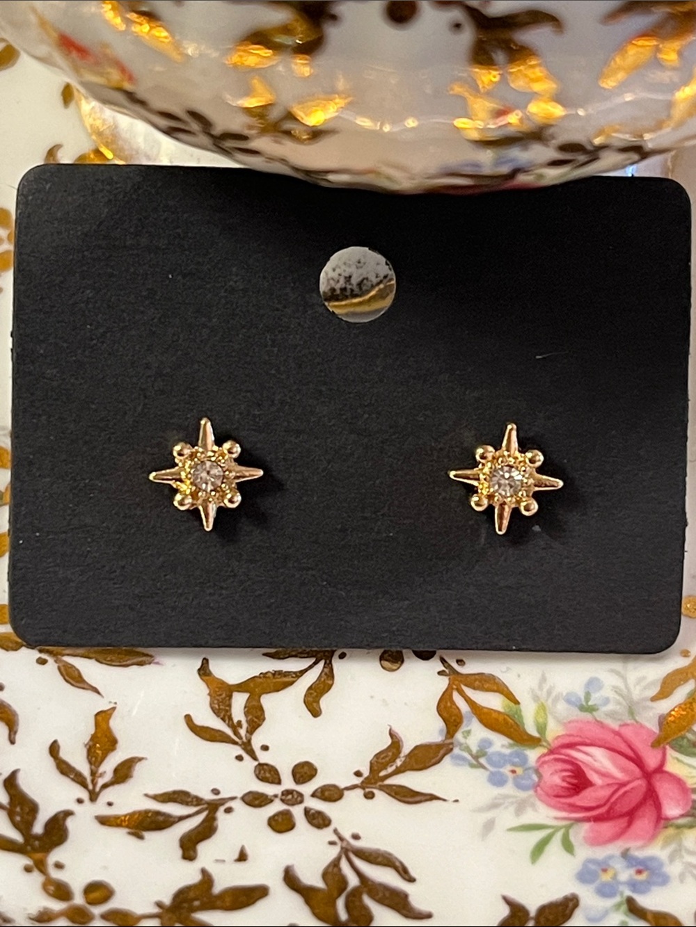 Ann Taylor LOFT Gold Starburst Stud Earrings with Crystals